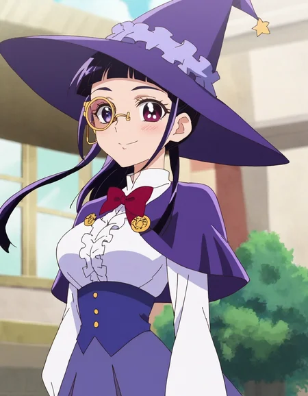 score_9, score_8_up, score_7_up, anime screencap, solo,1girl,izayoirikomd,(monocle, eye wear:1.5), purple capelet, witch hat,smile, looking at viewer, purple skirt, bowtie, white shirt, black pantyhose,red bowtie, long sleeves, center frills,cowboy shot,large breasts,blush,high ponytail<lora:izayoirikomd:0.8>