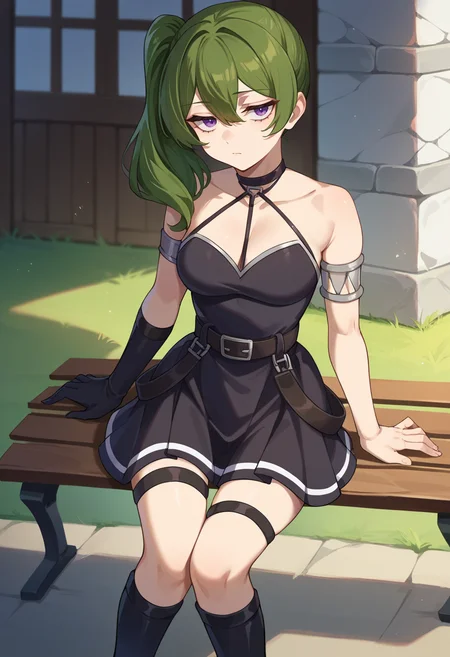 score_9, score_8_up, source_anime, 1girl, solo, UbelFrieren, purple eyes, dark green hair, medium hair, side ponytail, black choker, arm strap, armlet, black dress, halter dress, cleavage, short dress, belt, sleeveless, single glove, black gloves, thigh strap, black knee boots, expressionless, sitting on bench, outdoors, medieval town, <lora:CHAR-UbelPonyXL:1>