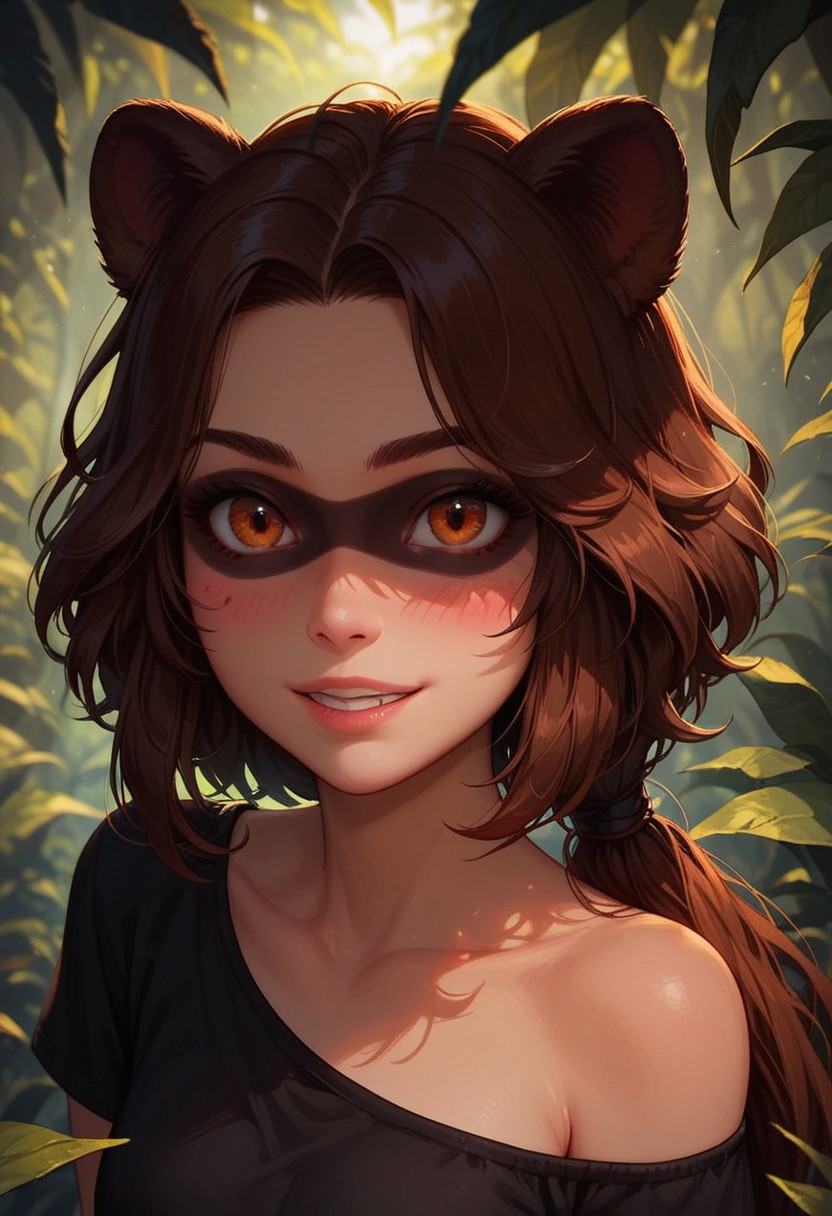 score_9_up, score_8_up, score_7_up, score_6_up, 1girl, 25 years old, perfect face, cute, petite, 
animal ears, (raccoon), (raccoon ears), (raccoon tail), (raccoon girl:1.3), 
three quarter view, detailed face, portrait, face focus, depth of field, looking at viewer, blush, shy smile,
orange eyes, (eyeshadow:1.3),  
brown hair, low ponytail, sidelocks, messy hair,
off-shoulder shirt, black shirt, 
jungle, forest, teeth,