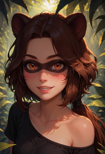score_9_up, score_8_up, score_7_up, score_6_up, 1girl, 25 years old, perfect face, cute, petite, 
animal ears, (raccoon), (raccoon ears), (raccoon tail), (raccoon girl:1.3), 
three quarter view, detailed face, portrait, face focus, depth of field, looking at viewer, blush, shy smile,
orange eyes, (eyeshadow:1.3),  
brown hair, low ponytail, sidelocks, messy hair,
off-shoulder shirt, black shirt, 
jungle, forest, teeth,