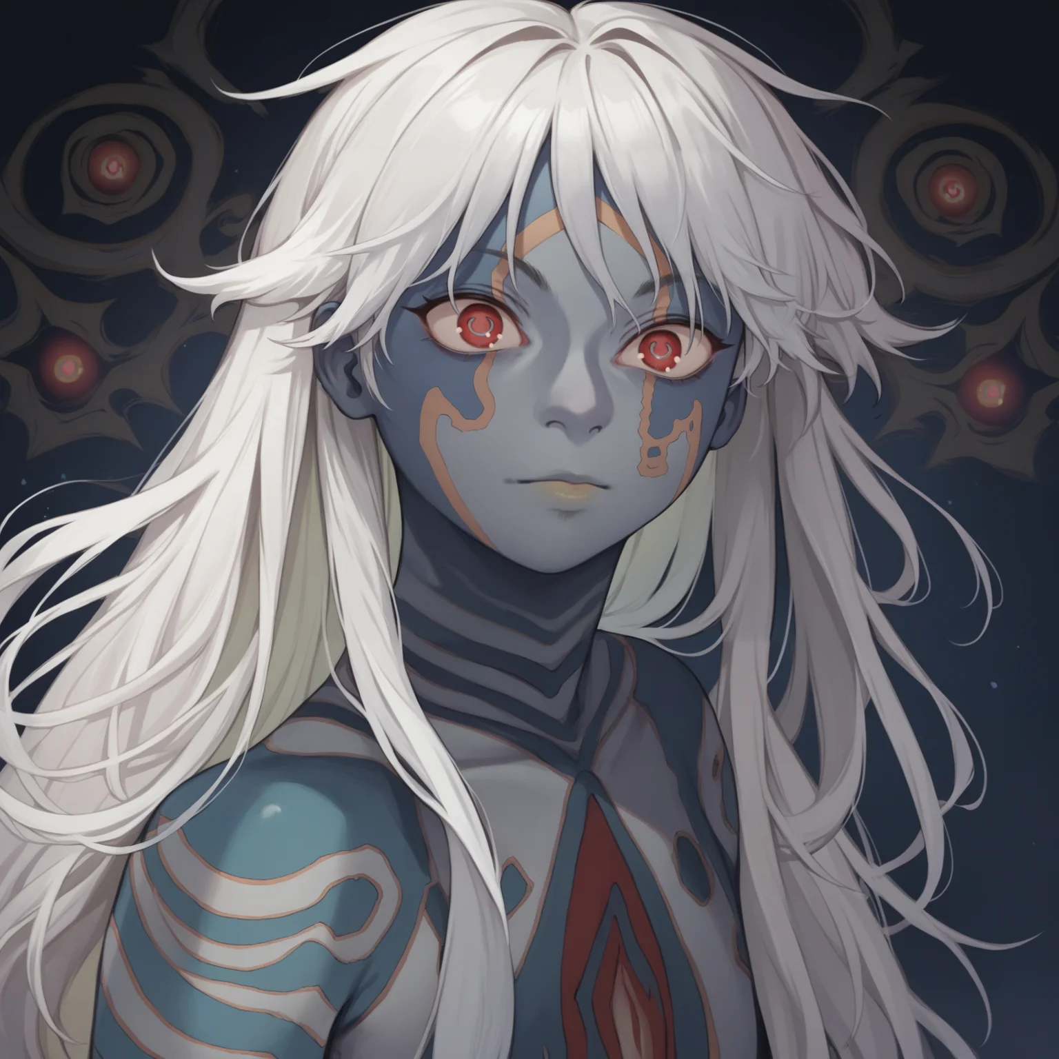 score_9, score_8_up, score_7_up, score_6_up, source_anime, best quality, anime, BREAK <lora:Puparia:1> puparia, 1girl, feminine, petite, solo, white hair, long hair, symbol shaped pupils, blue u-shaped pupils, red eyes, grey skin, blue tattoos, intricate tattoos, complex tattoo extending from chest to lower abdomen with red and grey colors, muted colors