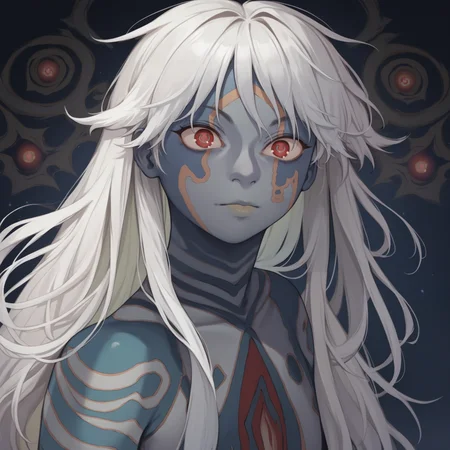 score_9, score_8_up, score_7_up, score_6_up, source_anime, best quality, anime, BREAK <lora:Puparia:1> puparia, 1girl, feminine, petite, solo, white hair, long hair, symbol shaped pupils, blue u-shaped pupils, red eyes, grey skin, blue tattoos, intricate tattoos, complex tattoo extending from chest to lower abdomen with red and grey colors, muted colors