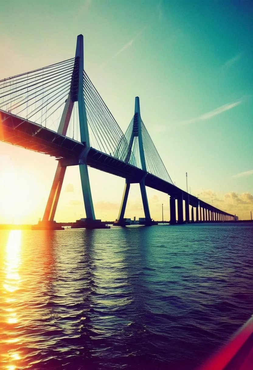()Hyoer Realistic:2.0)Polaroid picture 
 (Cyberpunk future theme:1.37) A glorious view of the Tampa Bay (Sunshine Skyway  Bridge)