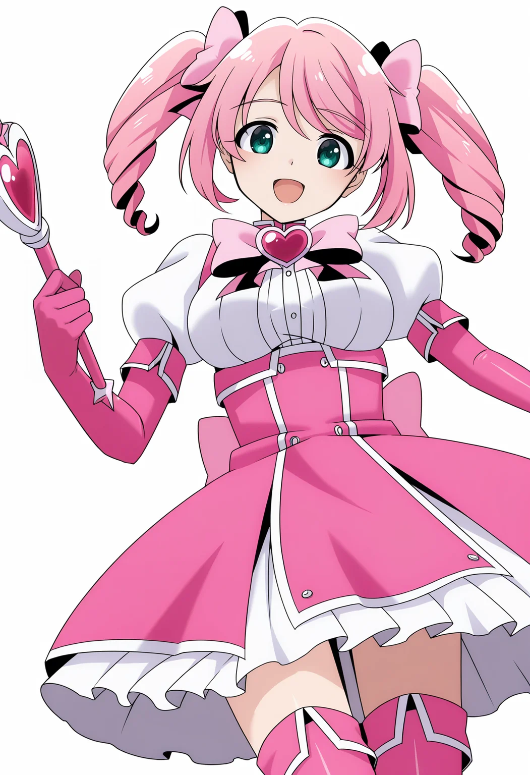 <lora:Haruka Hanabishi_illustrious-000036:1>,
Haruka Hanabishi,solo,wand,pink gloves,thighhighs,twintails,pink footwear,gloves,magical girl,bow,holding wand,thigh boots,open mouth,smile,elbow gloves,dress,pink bow,looking at viewer,holding,hair bow,simple_background,white_background,cowboy_shot,front view