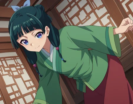 score_9, score_8_up, score_7_up, source_anime,
maomao, <lora:kusuriya-maomao-s1-ponyxl-lora-nochekaiser:1>,
maomao, long hair, bangs, blue eyes, hair ornament, green hair, blunt bangs, freckles, hair bun, single hair bun,
japanese clothes, robe, green robe, long sleeves, wide sleeves, skirt, red skirt,
indoors, bent over, smile,
looking at viewer, cowboy shot, dutch angle,