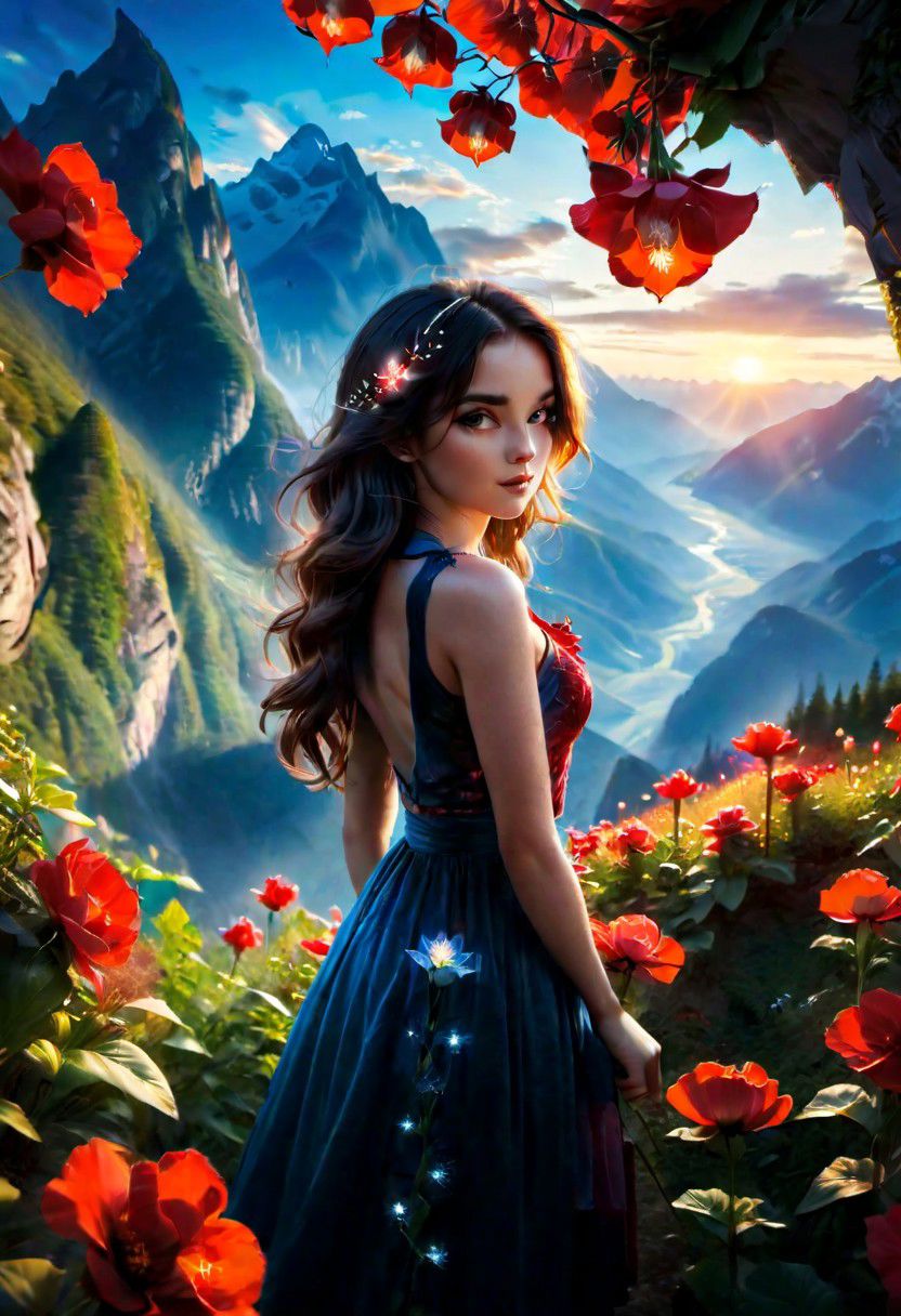 butifl girl, the scarlet flower glows, mountains, magical light,