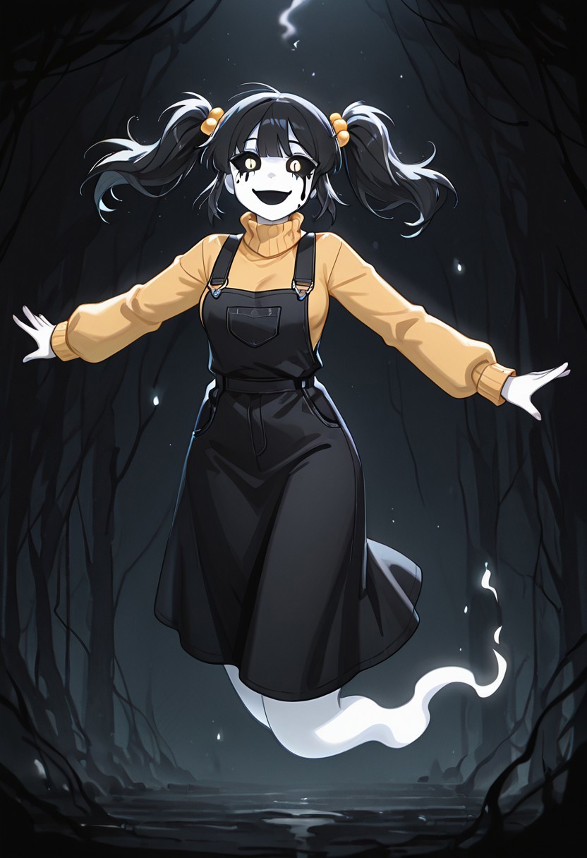 masterpiece, best quality, amazing quality, very aesthetic, absurdres, newest, detailed background, foreground blur, (( cartoon,  )),
cassidyfnaf, 1girl, twintails, black hair, hair ornament, long sleeves, yellow sweater, hair bobbles, turtleneck sweater, black overalls dress, medium breasts, 
black sclera, black tears, white skin, ghost tail, floating, hanging hair, smoke background, horror, dark scene, horror scene, dark room,