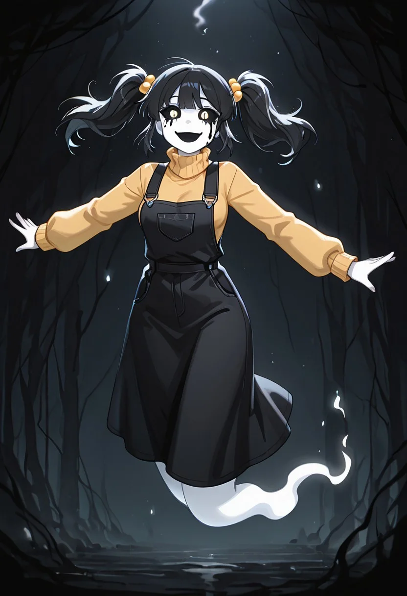 masterpiece, best quality, amazing quality, very aesthetic, absurdres, newest, detailed background, foreground blur, (( cartoon,  )),
cassidyfnaf, 1girl, twintails, black hair, hair ornament, long sleeves, yellow sweater, hair bobbles, turtleneck sweater, black overalls dress, medium breasts, 
black sclera, black tears, white skin, ghost tail, floating, hanging hair, smoke background, horror, dark scene, horror scene, dark room,