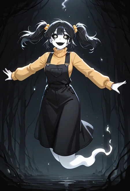 masterpiece, best quality, amazing quality, very aesthetic, absurdres, newest, detailed background, foreground blur, (( cartoon,  )),
cassidyfnaf, 1girl, twintails, black hair, hair ornament, long sleeves, yellow sweater, hair bobbles, turtleneck sweater, black overalls dress, medium breasts, 
black sclera, black tears, white skin, ghost tail, floating, hanging hair, smoke background, horror, dark scene, horror scene, dark room,