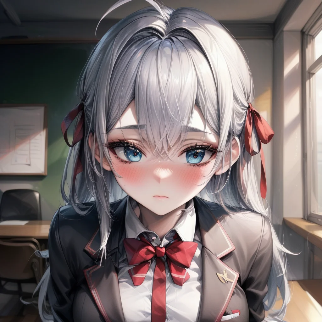 AlisaMikhailovna, 4k, absurd, high resolution, very high resolution, high definition, masterpiece, 1girl, solo, long hair, looking at viewer, blush, blue eyes, shirt, bow, ribbon, hair between eyes, closed mouth, school uniform, jacket, hair ribbon, white shirt, upper body, ahoge, grey hair, collared shirt, indoors, bowtie, red bow, red ribbon, v-shaped eyebrows, frown, blazer, red bowtie