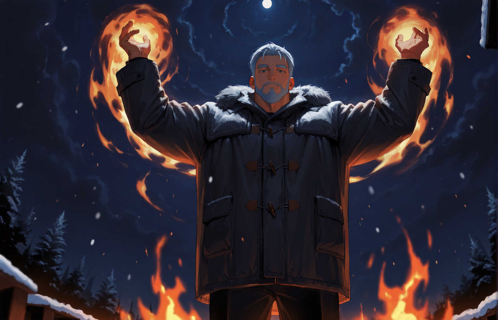 <lora:Lifeline_Style_V2_Illu_Edition-000015:1>, (llv2-illu), ((arms extending overhead while jumping and landing in a wide stance with legs and arms extended, fire, winter coat, platinum hair, night, Fisheye-shot))
looking at the viewer, cowboy shot, 
(very short hair, beard, bara, mature, facial hair, stubble, beard, full beard, sideburn, beard, a lot of beard, ), facial hair,male focus, muscular male, muscular male, bara, mature,  bara, mature, aixiwuganda_(20222192), very awa, masterpiece, best quality, absurdres, newest, perfect quality, detailed background, intricate details,
<lora:slider_Body Type_alpha1.0_rank4_noxattn_last:3><lora:Anime Summer Days 2 Style SDXL_LoRA_Pony Diffusion V6 XL:.6><lora:slider_cfg_scale_boost:.7><lora:Artist6p:.55>, Artist6p, Artist04p,<lora:slider_il_brightness_slider_d1:-1><lora:slider_il_contrast_slider_d1:-1><lora:slider_DarkSlider1.2_alpha1.0_rank16_full_300steps:-.6>