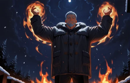 <lora:Lifeline_Style_V2_Illu_Edition-000015:1>, (llv2-illu), ((arms extending overhead while jumping and landing in a wide stance with legs and arms extended, fire, winter coat, platinum hair, night, Fisheye-shot))
looking at the viewer, cowboy shot, 
(very short hair, beard, bara, mature, facial hair, stubble, beard, full beard, sideburn, beard, a lot of beard, ), facial hair,male focus, muscular male, muscular male, bara, mature,  bara, mature, aixiwuganda_(20222192), very awa, masterpiece, best quality, absurdres, newest, perfect quality, detailed background, intricate details,
<lora:slider_Body Type_alpha1.0_rank4_noxattn_last:3><lora:Anime Summer Days 2 Style SDXL_LoRA_Pony Diffusion V6 XL:.6><lora:slider_cfg_scale_boost:.7><lora:Artist6p:.55>, Artist6p, Artist04p,<lora:slider_il_brightness_slider_d1:-1><lora:slider_il_contrast_slider_d1:-1><lora:slider_DarkSlider1.2_alpha1.0_rank16_full_300steps:-.6>