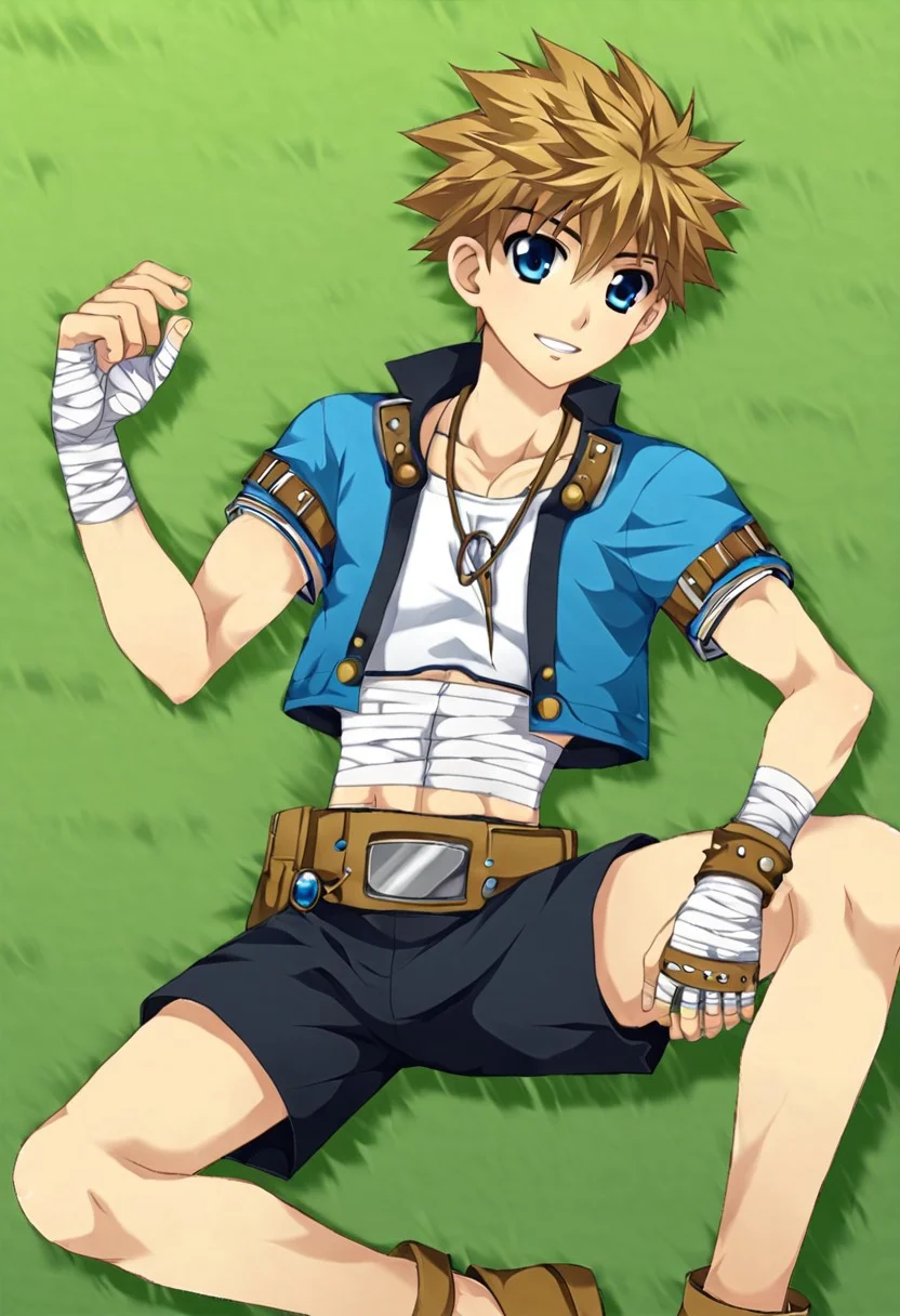 connor bleufin, blond hair, short hair, spiky hair, blue eyes, 1boy, solo focus, solo, alone, lie on grass, hand spread, leg spread, open clothes, crop shirt, bandage on wrist, bandage on hands