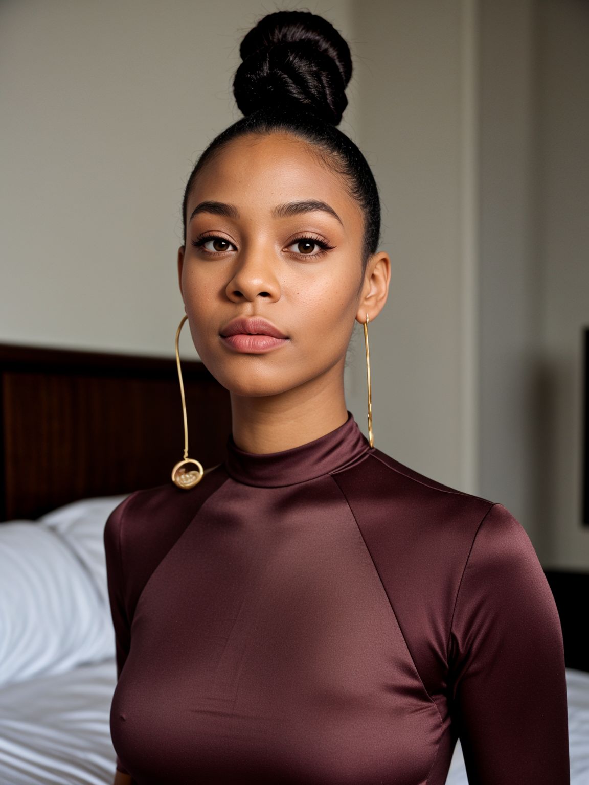 , <lora:high-bun:0.5> high-bun, hairstyle, burgundy, (looking at viewer:1.2), eyes, medium breasts,  Trumpet dress, bedroom, , <lora:lcm-lora-sdv1-5:0.75> (light skinned:1.1), ,