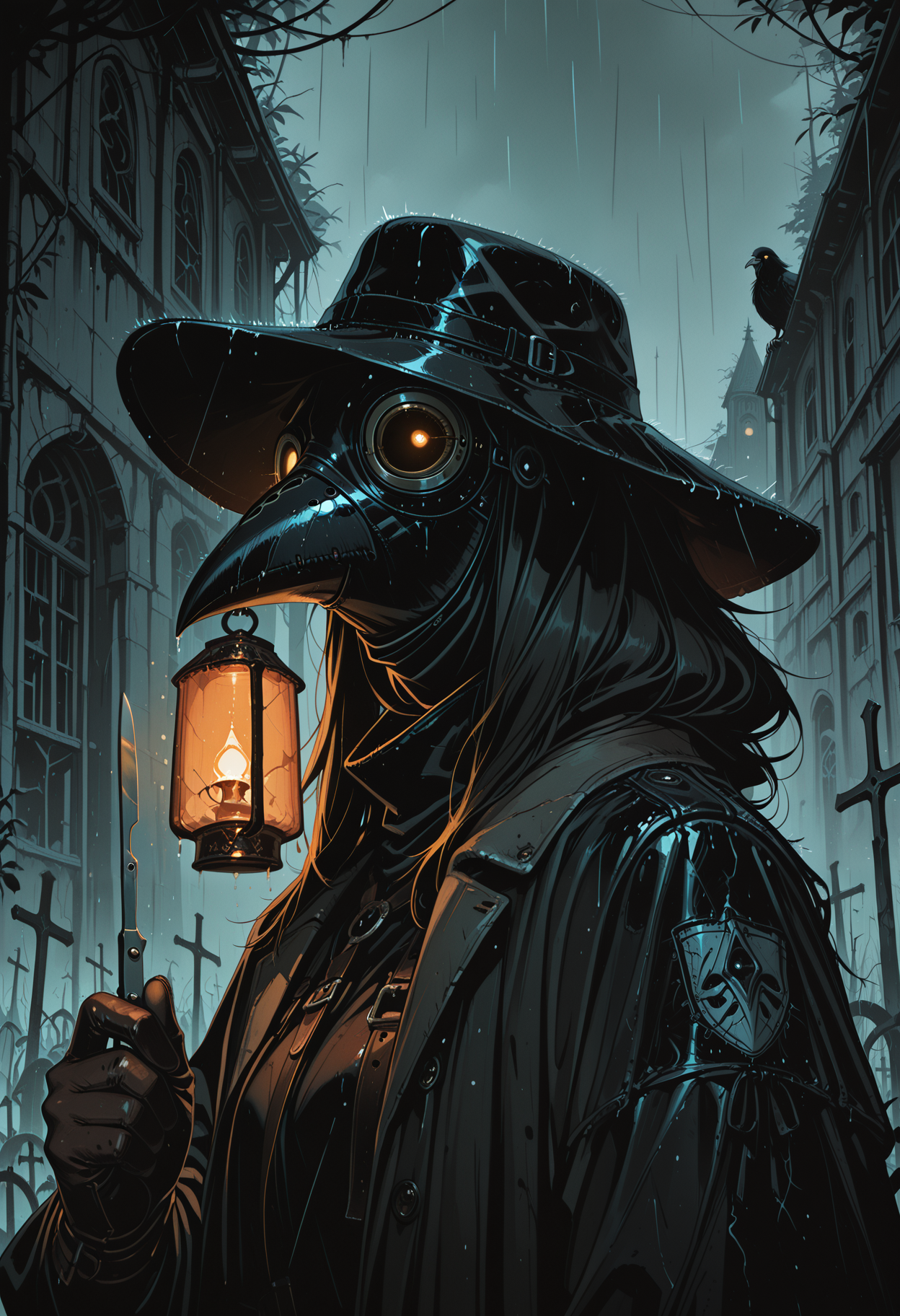 embedding:IllusP0s, codex sss chroma
1girl, solo, portrait, from_side, dramatic_shadows, chiaroscuro, plague_doctor_mask, coat, hat, crows, holding_lantern, fog, eerie, glowing_eyes_in_mask, leather_gloves graveyard, full_moon, holding_scalpel, rain, abandoned_church