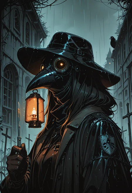 embedding:IllusP0s, codex sss chroma
1girl, solo, portrait, from_side, dramatic_shadows, chiaroscuro, plague_doctor_mask, coat, hat, crows, holding_lantern, fog, eerie, glowing_eyes_in_mask, leather_gloves graveyard, full_moon, holding_scalpel, rain, abandoned_church