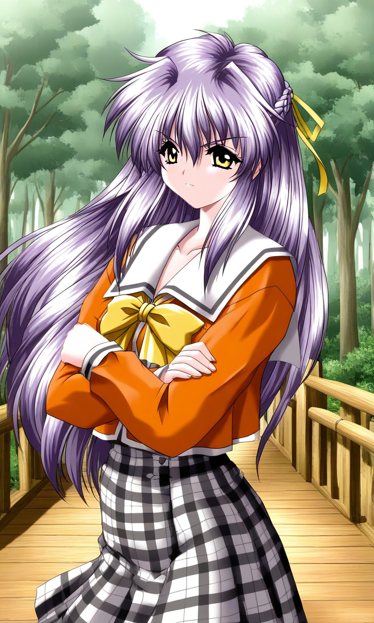 general,highres, ultra-detailed,very aesthetic,best quality ,best hands, BREAK <lora:Nishikujo_Shion_Akumu_AoiKajitsunoSange_IS:1>
Nishikujo_Shion, 1girl, solo, light purple hair, long hair, yellow eyes, hair ribbon, yellow ribbon, small breasts,
orange school uniform, ribbon, white and black skirt, outdoors, serious, crossed arms,
nature, tree, plaid, braid, plaid skirt, bow, forest, half updo, long sleeves, day, serafuku,
wood bridge,