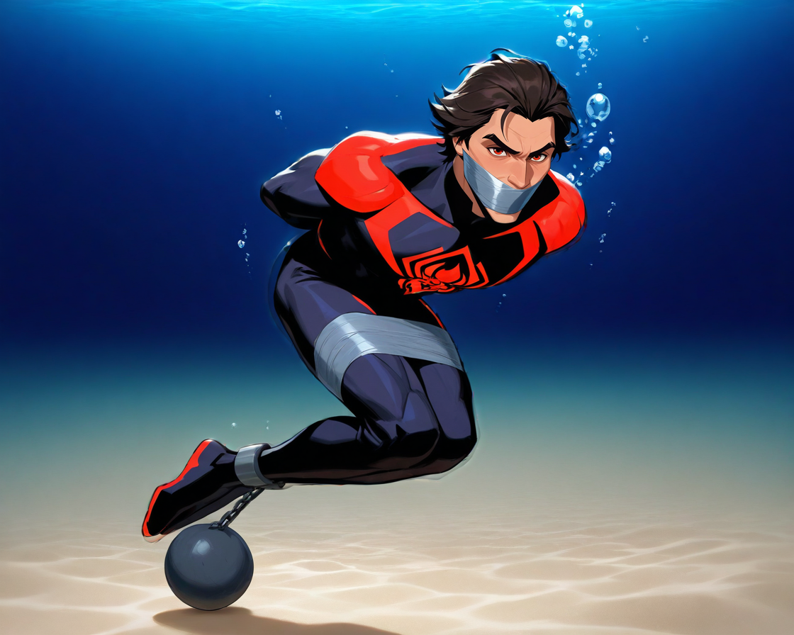 masterpiece, high quality, high detail, best quality, facing viewer, full body, underwater, floating, simple background, freediving, swimming, seafloor, sand dune, night, dark,
1boy, solo, mature male, curvy, red eyes, miguel o'hara, bodysuit, turtleneck, spider-verse, long sleeves, angry, 
arms behind back, bound arms, duct tape gag, bound thighs, legs together, bound ankles, ankle cuffs, ball and chain restraint, <lora:IronBall100_512_Illust_Rev4:0.8>
