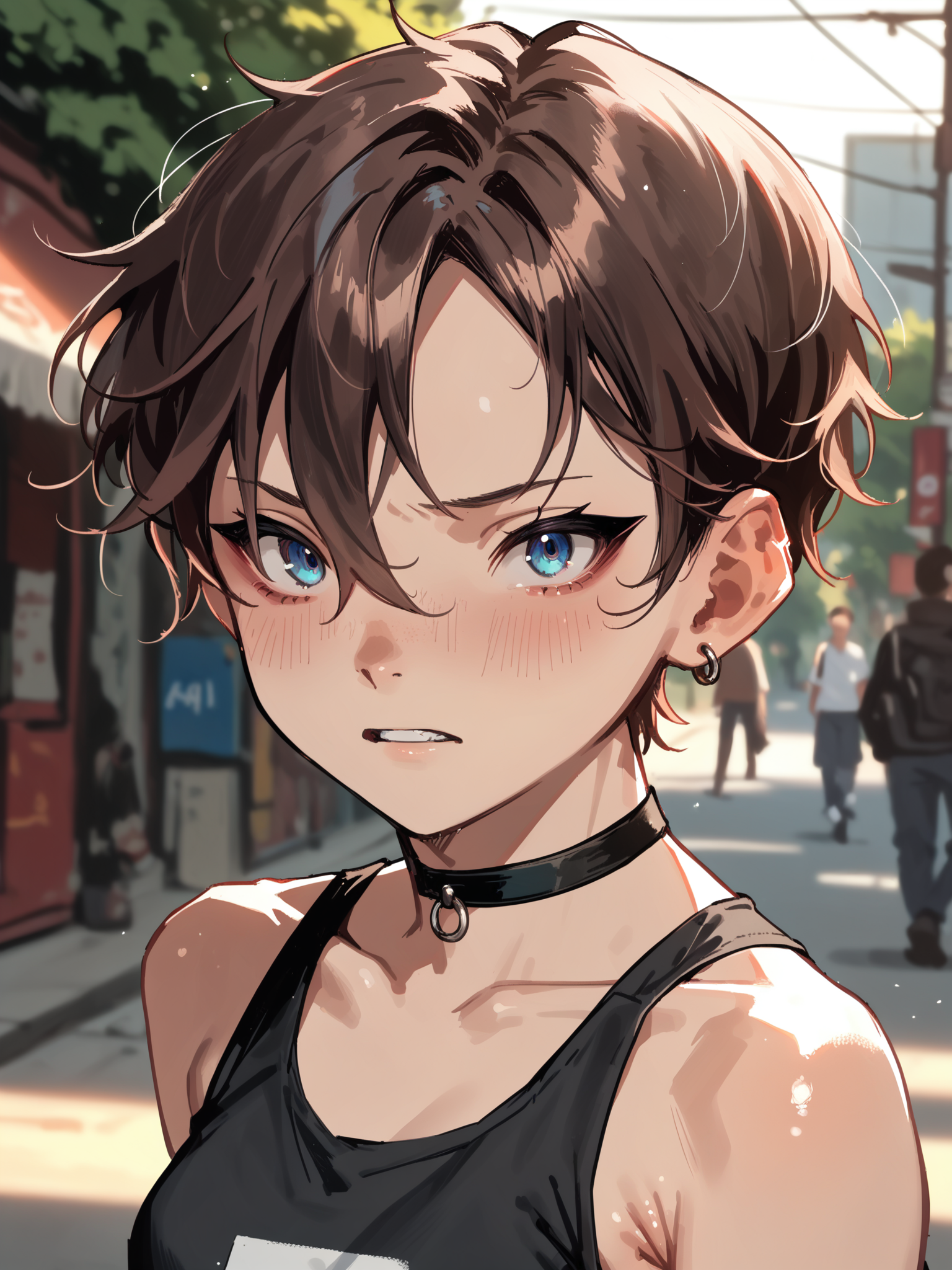 <lora:happy_tentacle-netsureina-v0.1:0.9>, ht_netsureina, earrings, choker, small breasts, blue eyes, brown hair , embarassed, outdoors, day cowboy shot, 1girl, (petite:1.2), solo focus, (looking at viewer:1.1), backlighting, (depth of field:0.8), , [(realistic, photorealistic:1.1):(realistic:1.3):22], [(3d:1.2)::10], <lora:LUUNA's Lunas-NijiJourney-SDXL-B2:0.6>, nijijourney, <lora:prgfrg23's Counterfeit-V3.0 Style SDXL_LoRA_Pony Diffusion V6 XL:0.3> <lora:Shed_The_Skin's StS_age_slider_v1_initial_release:-1.2>, score_9, score_8_up, score_7_up, score_6_up, score_5_up, score_4_up