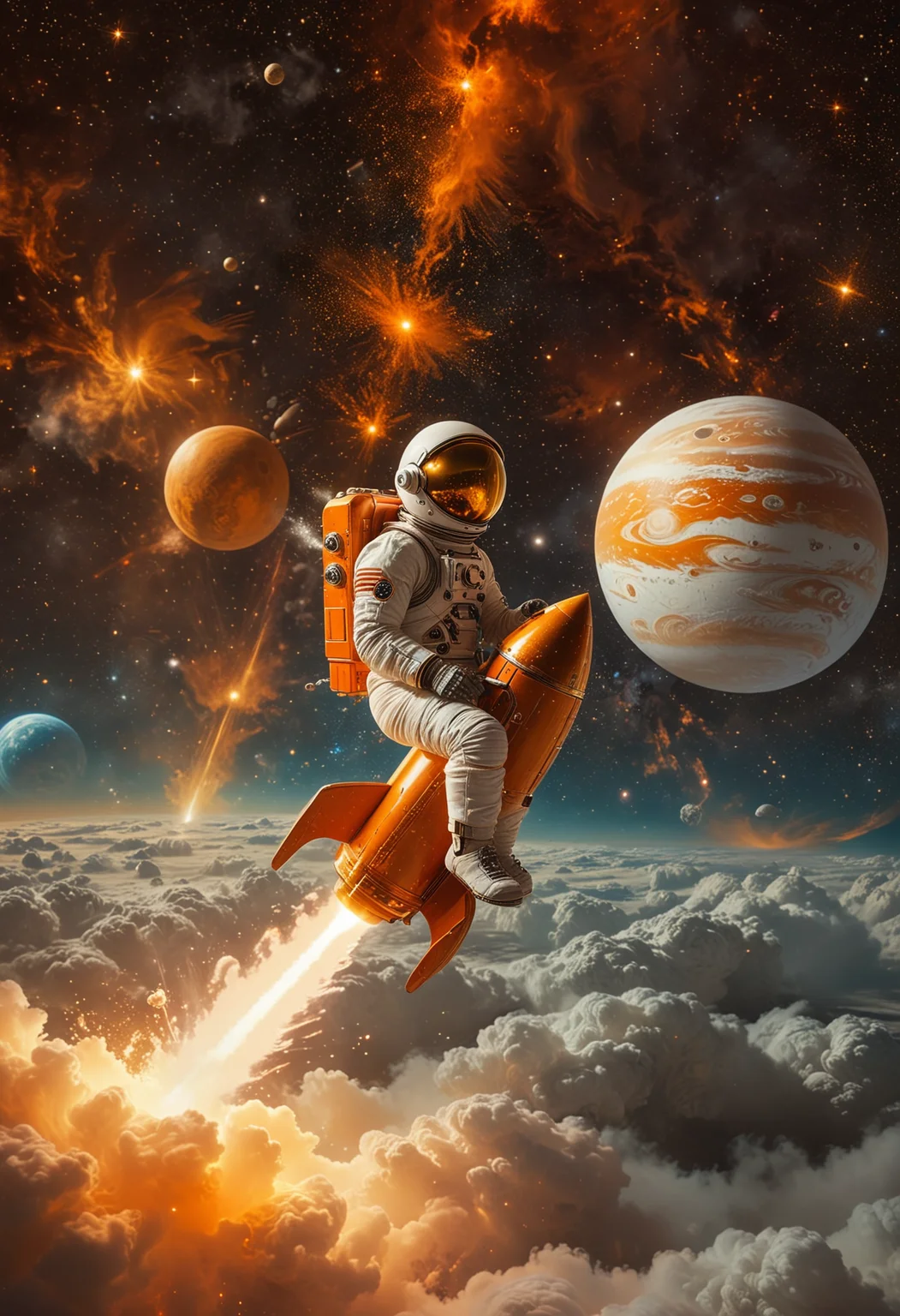 Cinematic scene of an astronaut riding a small rocket through space. he is wearing classic white space suits with gold visors, sitting atop an orange retro-style rocket that emits a bright fiery trail, The background is a vast starry sky with a large planet, Jupiter, distant moons. Below is fluffy clouds and playful bubbles enhancing the dreamy and surreal atmosphere of the scene, <lora:MJ52:0.5>, <lora:SDXLFaeTastic2400:0.4>, <lora:CinematicStyle_v1:0.8>