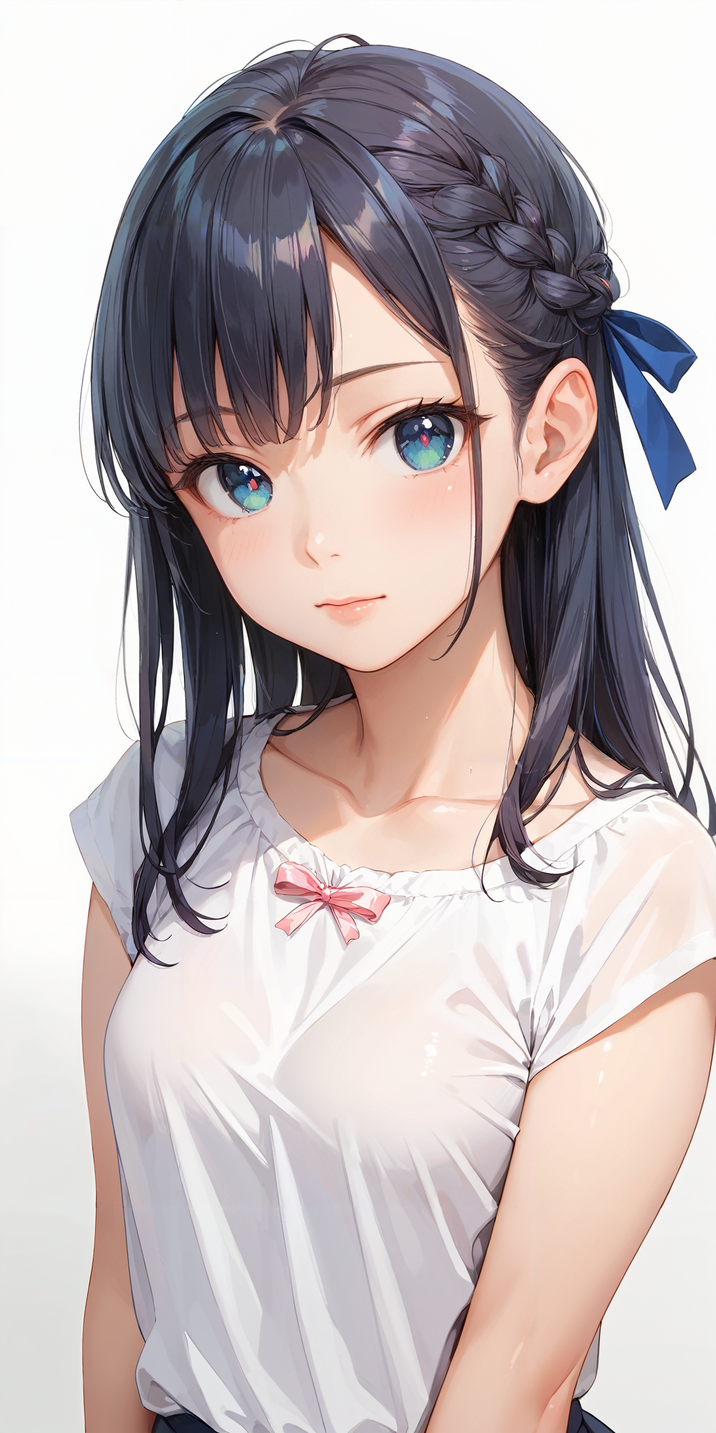 score_9, score_8_up, score_7_up,source_anime, high res image,masterpiece,best quality,girl,cute face,clear skin,shiny hair,ultra detailed eyes,simple background,   <lora:half up braid_pony_V1.0:1.1> half up braid,ribbon