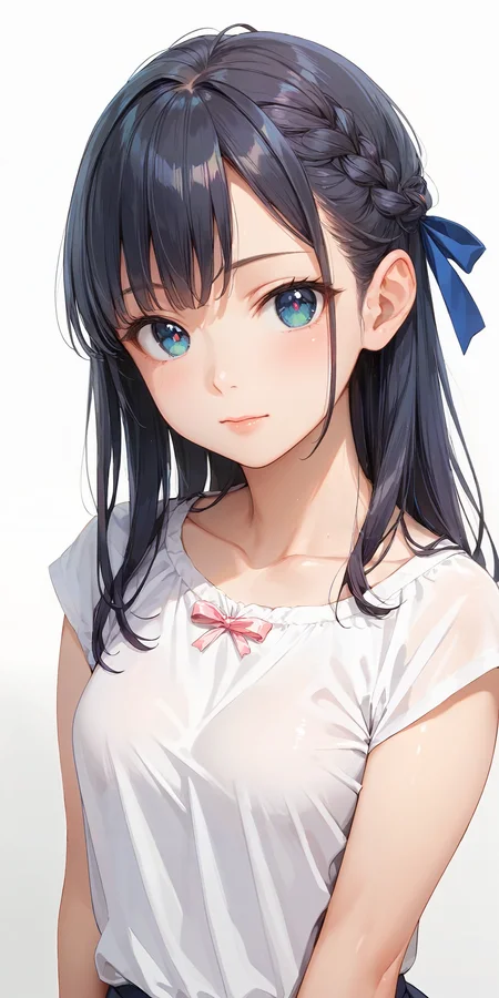 score_9, score_8_up, score_7_up,source_anime, high res image,masterpiece,best quality,girl,cute face,clear skin,shiny hair,ultra detailed eyes,simple background, <lora:half up braid_pony_V1.0:1.1> half up braid,ribbon