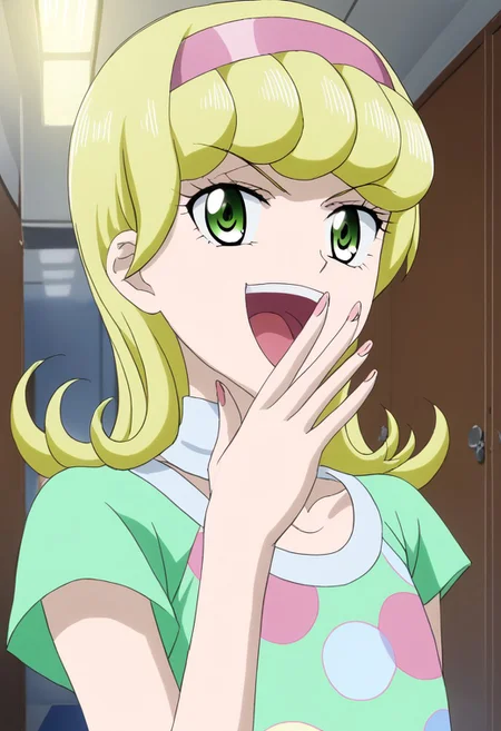 score_9, score_8, score_7_up, yuna goha, long hair, blonde hair, swirly bangs, green eyes, pink headband, green dress, polka dot-patterned dress, upper body focus, <lora:ojou-sama-pose-ponyxl-lora-nochekaiser:1>, ojou-sama pose, laughing, smug, hand to own mouth, open mouth,, indoors, metal hallway,