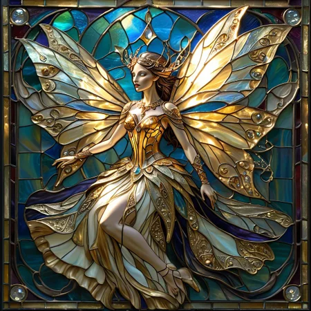 intricately detailed, rich shadows, bright highlights, cinematic, light shining through, close up view, stained glass impish fairy creature, glittering gold skin, 3d object, flowing skirt, dangling gems