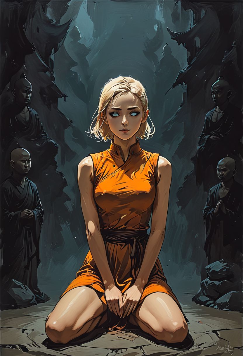 dark atmosphere,  
 Hand on head, 1girl, 1man,
girl kneeling in front of the man monk,
 blind man Buddhist monk with round face white eyes no eyebrows no hair bald paw-eared round cheeks narrow lips  man white sclera eyes Whitewash Eyes and orange Kashaya,
girl side view adult [Nordic] Hourglass fitness body perfect Olive skin Profile Angle Long neck Oval Face Sagittal Plane Curves spinal line long slim fitness arms snub Nose Dimpled Cheek Monolid Eye type, girl (blue eye) Short blonde Waves pixie  hair, Attached Pointed ear shoulder blades long slim fitness legs, 
 graphic style of novel comics, perfect hands, 2d, 8k, hyperrealism, masterpiece, high resolution, best quality, ultra-detailed, super realistic, Hyperrealistic art, high-quality, ultra high res, highest detailed, lot of details, Extremely high-resolution details, incredibly lifelike, colourful, soft cinematic light,