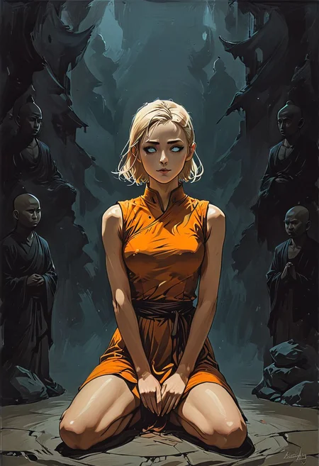 dark atmosphere,  
 Hand on head, 1girl, 1man,
girl kneeling in front of the man monk,
 blind man Buddhist monk with round face white eyes no eyebrows no hair bald paw-eared round cheeks narrow lips  man white sclera eyes Whitewash Eyes and orange Kashaya,
girl side view adult [Nordic] Hourglass fitness body perfect Olive skin Profile Angle Long neck Oval Face Sagittal Plane Curves spinal line long slim fitness arms snub Nose Dimpled Cheek Monolid Eye type, girl (blue eye) Short blonde Waves pixie  hair, Attached Pointed ear shoulder blades long slim fitness legs, 
 graphic style of novel comics, perfect hands, 2d, 8k, hyperrealism, masterpiece, high resolution, best quality, ultra-detailed, super realistic, Hyperrealistic art, high-quality, ultra high res, highest detailed, lot of details, Extremely high-resolution details, incredibly lifelike, colourful, soft cinematic light,
