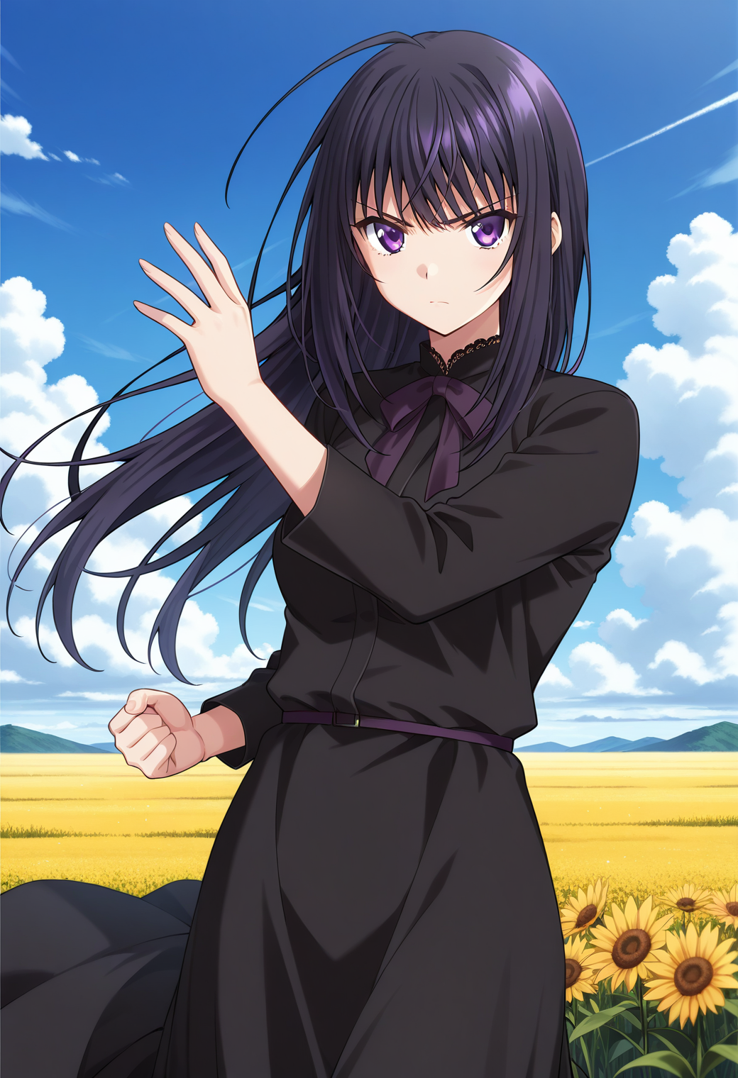 ever17_tugumi, purple eyes, black hair, long hair, ahoge, bowtie, black dress, long skirt, long sleeves, lace, <lora:ever17_tugumi_illustrious_ver1:0.8>
serious, 1girl, solo, (field:1.2), (blue sky:1.2), looking at viewer,, masterpiece, best quality, general,, (cowboy shot, dynamic pose:1.4),