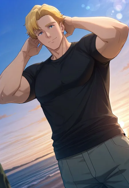 safe_pos, safe_pos, score_9, score_8_up, score_7_up, score_6_up, perfect anatomy, perfect proportions, best quality, masterpiece, high_resolution, high quality, best aesthetic, incredibly absurdres, highres, extremely detailed, huge filesize, solo male, adult, mature, masculine, manly, handsome, charming, alluring, seductive, heroic, standing, upper body, dutch angle, cowboy shot, perfect face, perfect eyes, source_anime, anime coloring, BBBSmith, Lewis Smith \(Brave Bang Bravern\), blue eyes, BBBSmith_hairstyle01, blond hair, short hair, BBBSmith_outfit05, black t-shirt, short sleeves, untucked shirt, grey military pants, low angle, cinematic still, emotional, harmonious, vignette, bokeh, cinemascope, moody, epic, gorgeous, outdoor, sky, day, ocean, from front