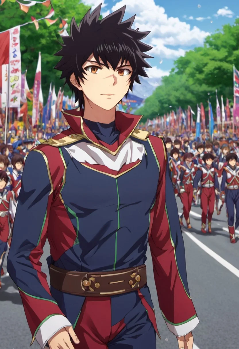high resolution, solo, best quality, 1Boy, Kanata Hoshijima, Black hair, Brown Eyes, Festival, parade, costumes, celebration,