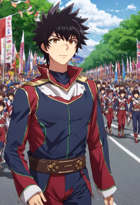 high resolution, solo, best quality, 1Boy, Kanata Hoshijima, Black hair, Brown Eyes, Festival, parade, costumes, celebration,