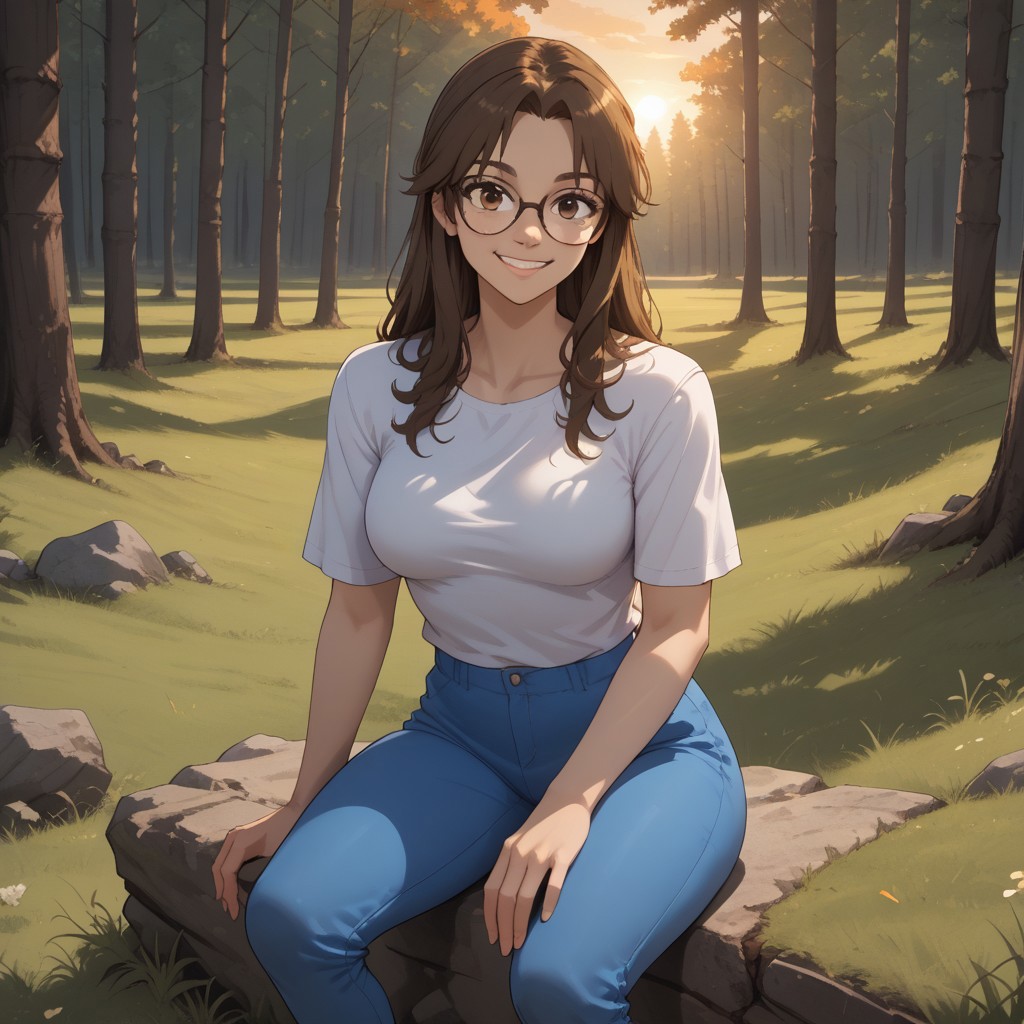 score_9, score_8, BREAK, solo, brown hair, long hair, brown eyes, glasses, white shirt, breasts, blue pants, sandals, Abigail Alburton, sexy pose, self portrait, smile, outdoors, sunlight, shadows, evening lighting, natural lighting, forest, trees, grass, orange sky, sunset