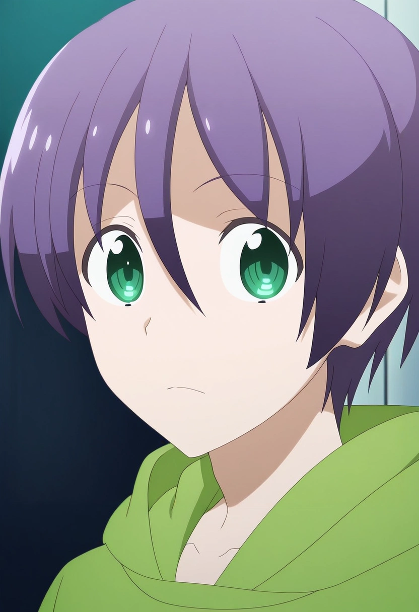 masterpiece, best quality, intricate details, anime screencap, anime coloring, official style, looking at viewer, 1boy, solo, male focus, <lora:nasa_yuzaki_ilxl:1>, nasa_yuzaki, purple hair, green eyes, short hair, hair between eyes, green hoodie,