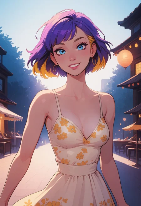 score_9, score_8_up, score_8, 1girl , solo sexy woman, sky blue eyes, straight short purple hair, elegant bob hair, (yellow highlights), bangs, hair swept to one side, pink eyeliner, perfect face, elegant, refined, medium breasts, colorful floral sundress, sweet smile, dynamic pose, volumetric lighting, cinematic lighting, outdoors, festival, vibrant colors, blurry background