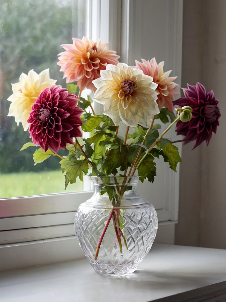 detailed, dahlias by ingrid-elias-style in a white flower vase, in a room, sitting on a table with a  window in one wall<lora:ingrid_elias_style:0.8>