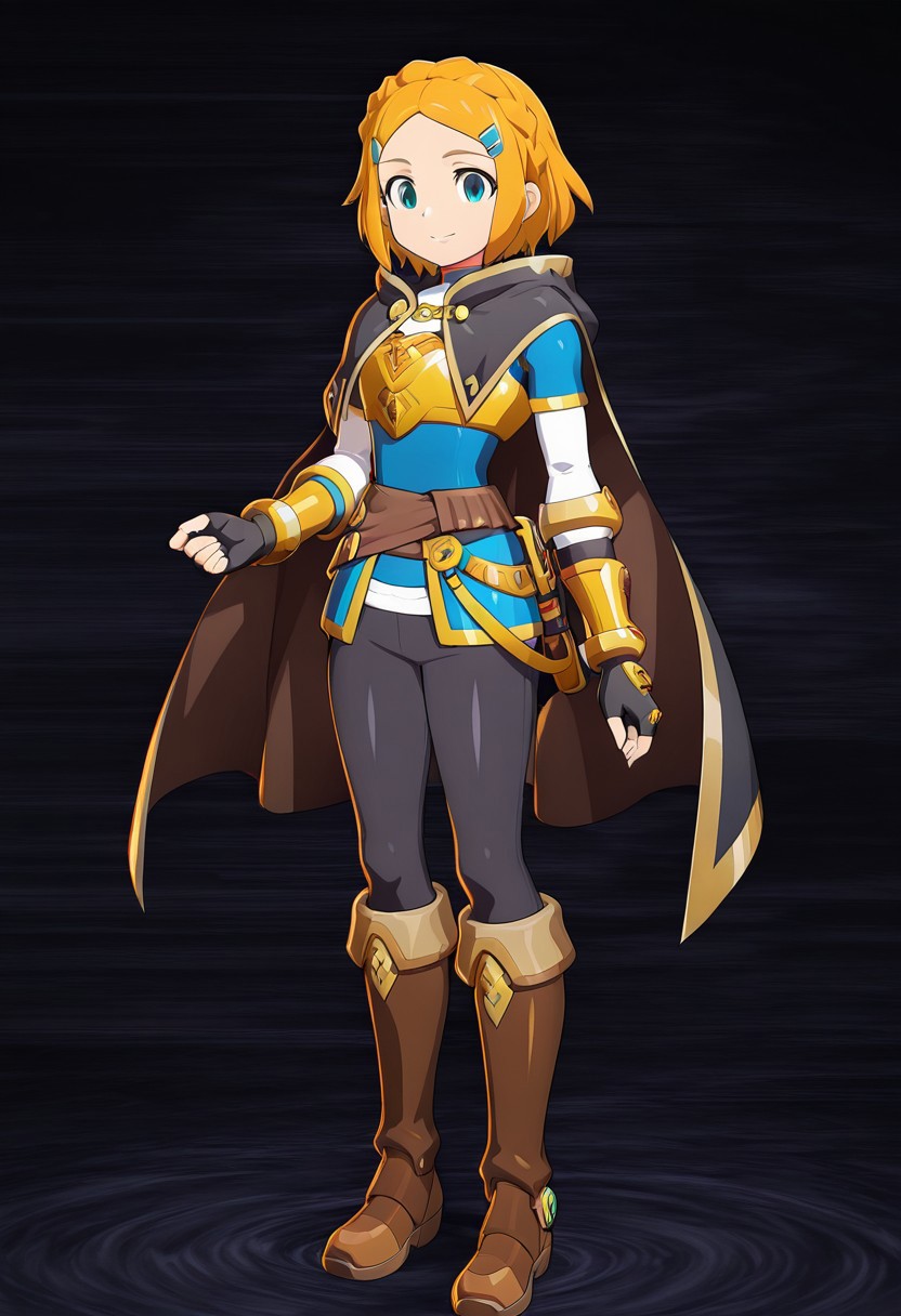 masterpiece, best quality, amazing quality, very aesthetic, absurdres, newest,shiny skin,, anime screenshot,  anime coloring, xdive, short hair, crown braid, sidelocks, parted bangs, hairclip, outfit_1, blue crop top, gold trim, white undershirt, breastplate, layered sleeves, brown sash, black gloves, fingerless gloves, black pants, knee boots, brown footwear, black cape, hooded cape,, Hand on waist, smile, full body, Black background,