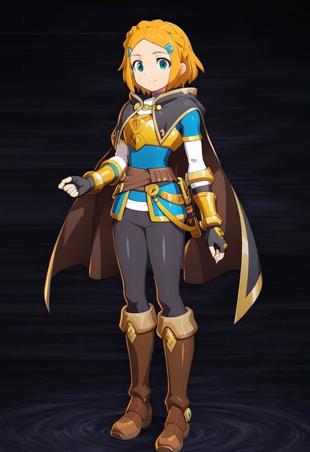 masterpiece, best quality, amazing quality, very aesthetic, absurdres, newest,shiny skin,, anime screenshot, anime coloring, xdive, short hair, crown braid, sidelocks, parted bangs, hairclip, outfit_1, blue crop top, gold trim, white undershirt, breastplate, layered sleeves, brown sash, black gloves, fingerless gloves, black pants, knee boots, brown footwear, black cape, hooded cape,, Hand on waist, smile, full body, Black background,