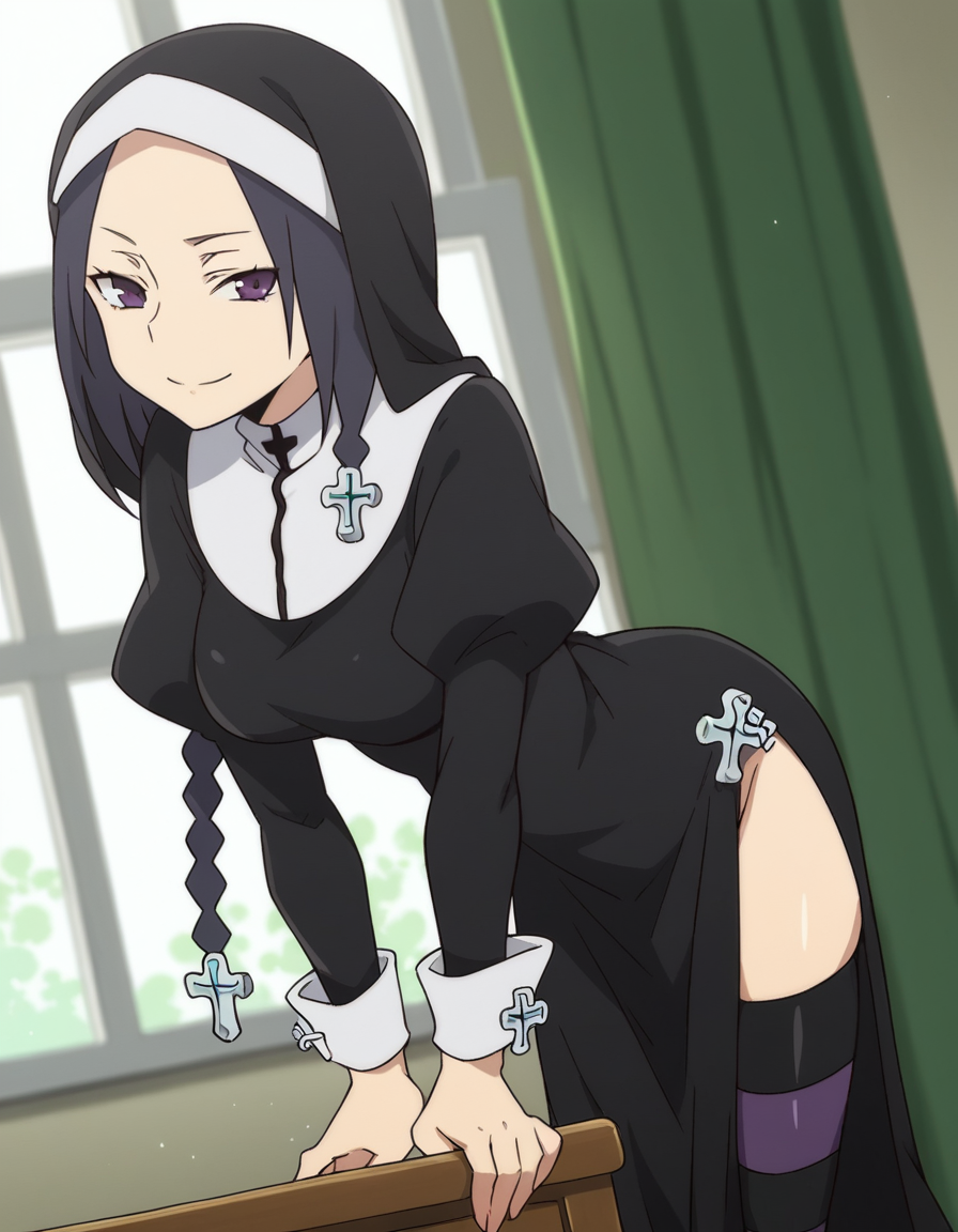 score_9, score_8_up, score_7_up, source_anime, <lora:yae-shinatsuhiko-hnu-ponyxl-lora-nochekaiser:1>, yae shinatsuhiko, long hair, purple eyes, braid, parted bangs, forehead,, thighhighs, striped, cross, striped thighhighs, nun, habit, long sleeves, dress, jewelry, boots, necklace, side slit,, indoors, bent over, smile, smug, looking at viewer, solo,, cowboy shot, dutch angle