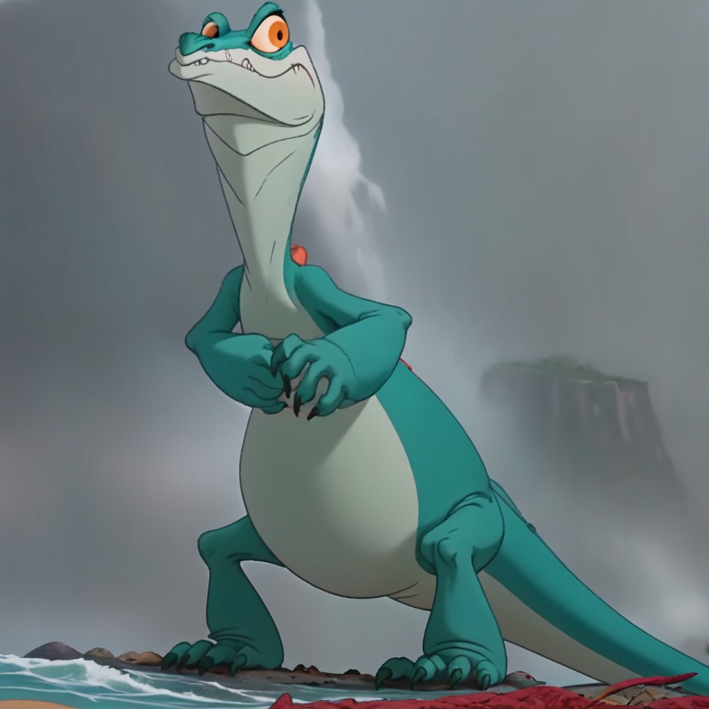 score_9, score_8_up, score_7_up,  j_cartoon, Disney, highly detailed, ((detailed shaders)), BREAK, Joanna,outdoor, nature, perint monitor lizard, ((anthropomorphic lizard)), wide hips, curvy body, gray background, day, tongue out, front, standing, long legs, sharp teeth, mouth closed, on a rock, ( full body, full shot), claws, lizard tail, green scales, faded, orange eyes