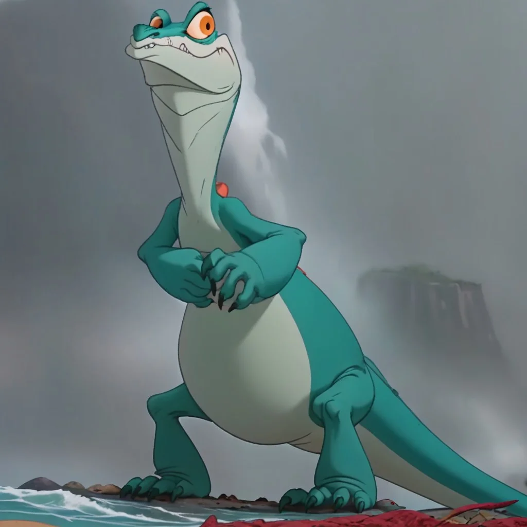 score_9, score_8_up, score_7_up,  j_cartoon, Disney, highly detailed, ((detailed shaders)), BREAK, Joanna,outdoor, nature, perint monitor lizard, ((anthropomorphic lizard)), wide hips, curvy body, gray background, day, tongue out, front, standing, long legs, sharp teeth, mouth closed, on a rock, ( full body, full shot), claws, lizard tail, green scales, faded, orange eyes
