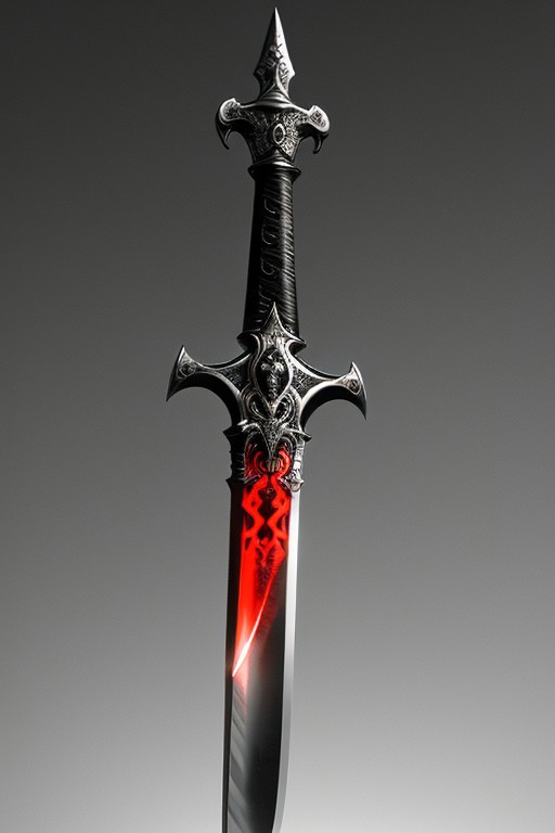 A stunningly realistic and brutal photo of a demonic sword, featuring a long, sleek black metal blade that reflects light.
(((sword, knife, blade, glowing)))
The double-edged, full tang blade is sharp and deadly.
The handle, made of black material, showcases intricate demonic patterns and stripes.
A ruby adorns the center, adding a pop of red to the sinister design.
The dagger is depicted alone, with no humans or other objects in the image, allowing the viewer to fully appreciate its menacing beauty.
photo, product