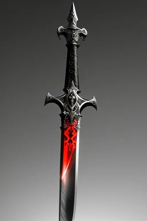 A stunningly realistic and brutal photo of a demonic sword, featuring a long, sleek black metal blade that reflects light.
(((sword, knife, blade, glowing)))
The double-edged, full tang blade is sharp and deadly.
The handle, made of black material, showcases intricate demonic patterns and stripes.
A ruby adorns the center, adding a pop of red to the sinister design.
The dagger is depicted alone, with no humans or other objects in the image, allowing the viewer to fully appreciate its menacing beauty.
photo, product