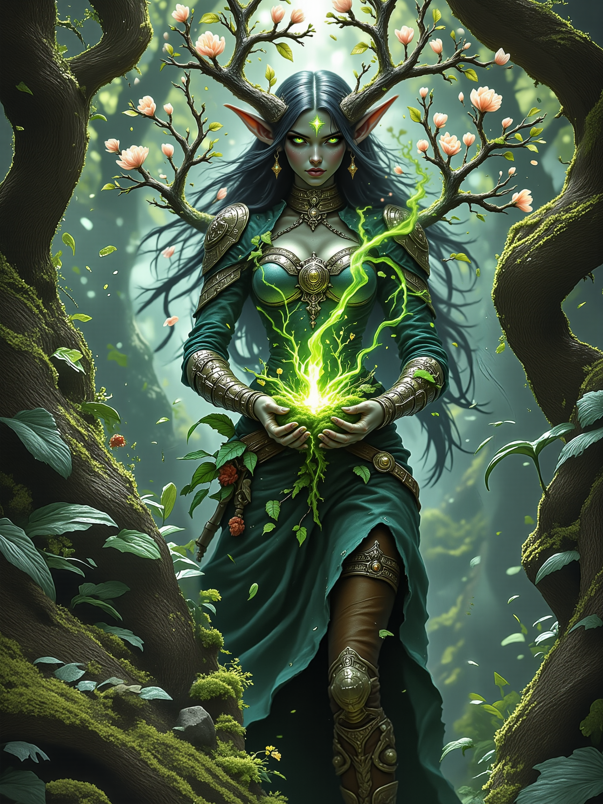 masterwork oil painting inspired by lucas graciano and charles rennie mackintosh and charles rennie mackintosh, blending fantasy with art nouveau and symbolism, with a dreamlike and enigmatic atmosphere, portrait of a hauntingly beautiful dryad in the heart of an enchanted forest, ethereal woods stretch endlessly, with tangled trees and faintly glowing flora, the painting conveys a sense of mystery and quiet power, the dryad stands gracefully, her features are striking and otherworldly, her skin has subtle bark-like textures with delicate veins of glowing green and blue, she wears an ethereal gown woven from moss, leaves, and petals, her arms adorned with intricate vines and delicate floral motifs, the forest floor is rich with moss, fallen leaves, and faintly luminescent flowers, while in the background, the hazy woods fade into a soft blur, with shafts of light filtering through the mist, creating a sense of depth and otherworldly allure, the dryad exudes an aura of mystical elegance, as both guardian and embodiment of the forest, she seems to emerge from the trees themselves, blending seamlessly into her surroundings, her gaze is serene yet captivating, her luminous eyes reflecting the wisdom and mystery of nature, her hair cascades like flowing vines, interwoven with glowing blossoms, her pose is poised yet organic, her perfect delicate female hands lightly cradling an intricately shaped branch-like staff with a glowing orb of light, her entire form glows faintly, as though she is imbued with the forest's life force, soft, diffused lighting filters through the mist and branches, casting gentle highlights on the dryad's figure and accentuating the intricate details of her natural attire, the forest glows faintly with muted greens, blues, and silvers, with glowing accents emanating from the dryad, delicate particles of light float in the air, adding a magical, dreamlike quality, painted with exquisite attention to detail, inspired by the flowing forms of art nouveau and the layered, symbolic compositions of pre-raphaelite works, the painting employs a harmonious color palette and cinematic composition to evoke a sense of mystery and transcendence, intricate details, traditional media, oil on canvas, intricate details, magical atmosphere, arsmjstyle, dnddarkestfantasy, hknature, hkmagic, <lora:protectors_of_nature-flux-by_hailoknight:0.44> <lora:style-wizards_and_witches-flux-by_hailoknight:0.68> <lora:epic_gorgeous_details-character-flux-by_flyway:0.32> <lora:style-dnd_dark_fantasy-flux-by_arsmachina:0.68>
