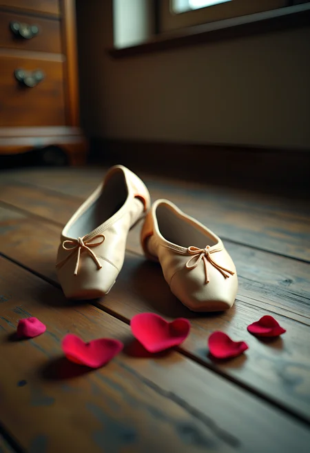 A pair of worn-in ballet shoes abandoned on a wooden floor, with a single rose petal resting on the toe of one shoe. The scene evokes a sense of passion, dedication, and the sacrifices made for the pursuit of love. Photorealistic, soft, warm lighting, shallow depth of field focusing on the rose petal, highly detailed 4k render.