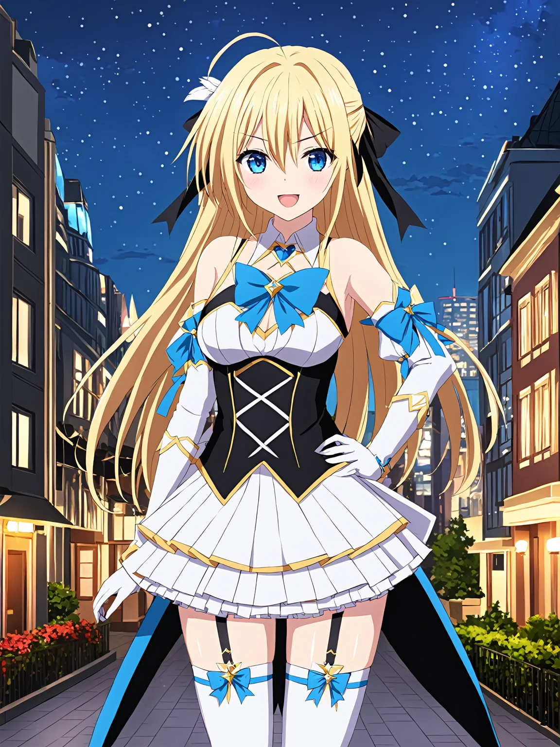 masterpiece, best quality,
<lora:heroneverseenagain.sdxl.v2:0.9> heroneverseenagain
1girl, blonde hair, blue eyes, long hair, solo, gloves, thighhighs, blush, fingerless gloves, cleavage, looking at viewer, hand on hip, smile, night, garter straps, black legwear, bare shoulders, skirt, open mouth, detached sleeves, sky, elbow gloves, city, cityscape, cleavage cutout, building, very long hair, standing, hair between eyes, clothing cutout, cosplay, white skirt, hair ornament, magical girl, pleated skirt, eyebrows visible through hair, dress
