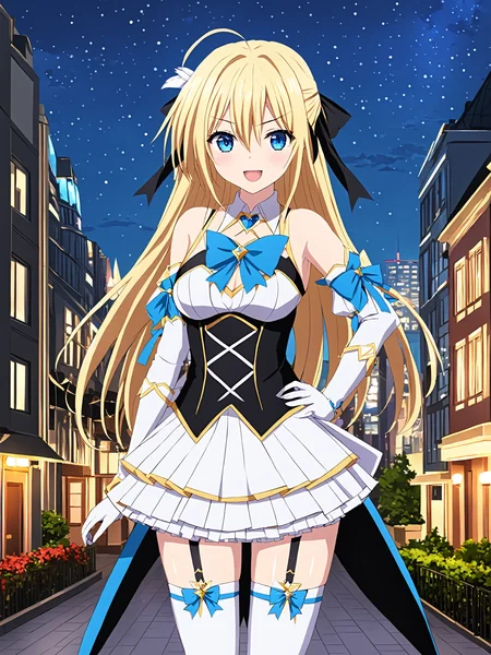 masterpiece, best quality,
<lora:heroneverseenagain.sdxl.v2:0.9> heroneverseenagain
1girl, blonde hair, blue eyes, long hair, solo, gloves, thighhighs, blush, fingerless gloves, cleavage, looking at viewer, hand on hip, smile, night, garter straps, black legwear, bare shoulders, skirt, open mouth, detached sleeves, sky, elbow gloves, city, cityscape, cleavage cutout, building, very long hair, standing, hair between eyes, clothing cutout, cosplay, white skirt, hair ornament, magical girl, pleated skirt, eyebrows visible through hair, dress