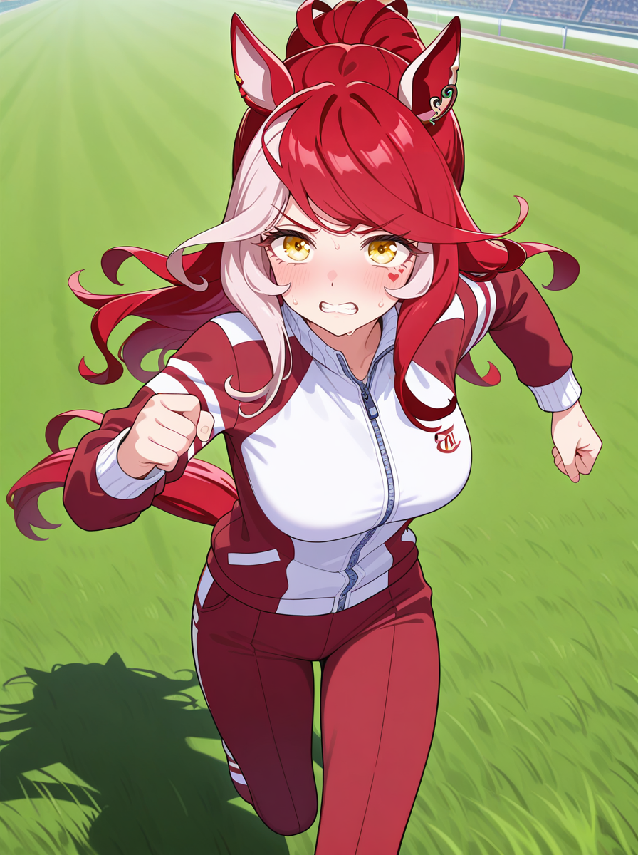 masterpiece, best quality, amazing quality, very aesthetic, absurdres, newest,shiny skin,, anime screenshot,  anime coloring, ,
 <lora:LovesOnlyYou:0.9>1girl, solo, animal ears, horse ears, , yellow eyes, horse girl, horse tail, , multicolored hair, red hair  heart tattoo, tracen training uniform , sweat,  clenched teeth,  red_pants long sleeves,  running,  race_field grass